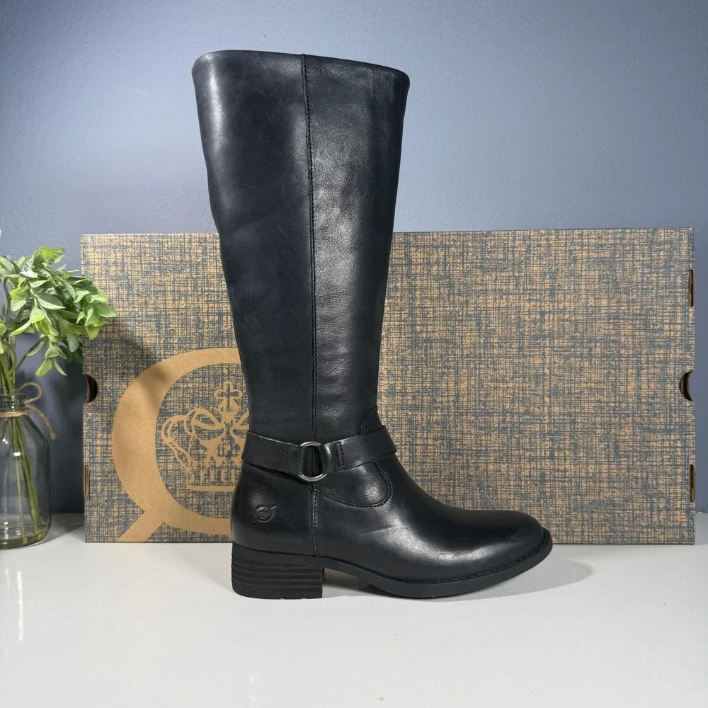 Born Saddler Black Leather Knee High Boots‎ Women Size 5 M